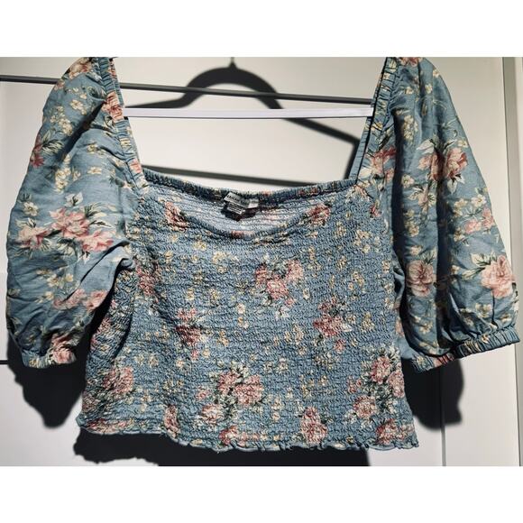 American Eagle Floral Pattern Shirred Crop Top Cotton/Linen Blend Size XL - Picture 4 of 10